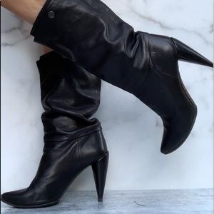 VIBRAM SLOUCHIE MID CALF BOOTS BLACK LEATHER TAPERED HEEL SIZE 38, 7-7.5…